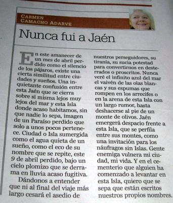 Diario Diario Jaen Puntoes, articulo, Domingo doce de abril, por Carmen María Camacho, solo en edición impresa.